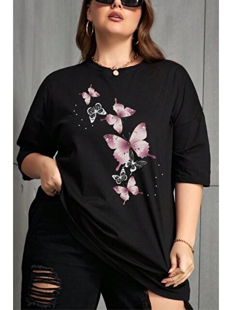 Oksit Kelebek Baskılı Kadın Büyük Beden Battal Bisiklet Yaka Pamuklu T-Shirt Rahat Kesim