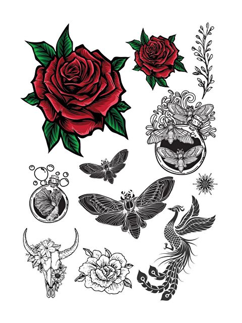 New Obsessions Kırmızı Gül ve Arı Desenler Geçici Dövme - S000252228-37434