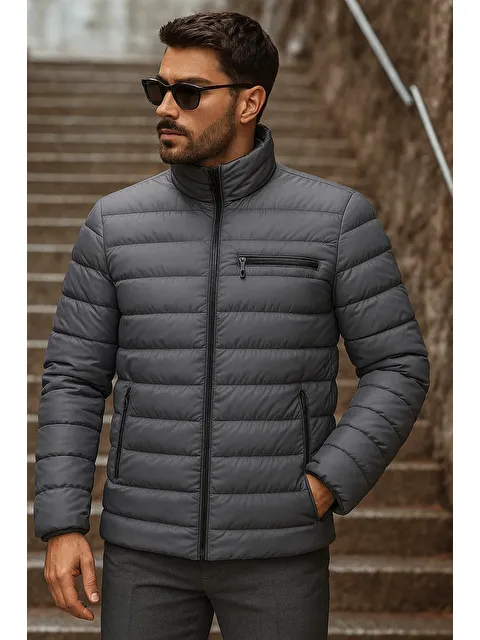 Comstar Erkek Kışlık Basic Dik Yaka Fermuarlı Füme Şişme Mont