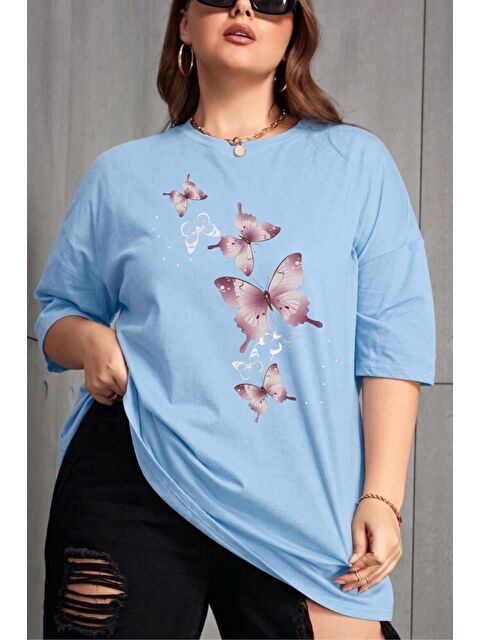 Oksit Kelebek Baskılı Kadın Büyük Beden Battal Bisiklet Yaka Pamuklu T-Shirt Rahat Kesim