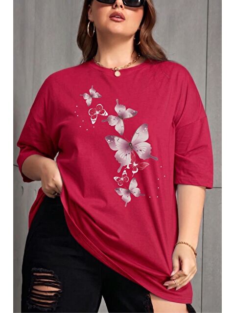 Oksit Kelebek Baskılı Kadın Büyük Beden Battal Bisiklet Yaka Pamuklu T-Shirt Rahat Kesim