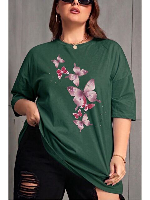 Oksit Kelebek Baskılı Kadın Büyük Beden Battal Bisiklet Yaka Pamuklu T-Shirt Rahat Kesim
