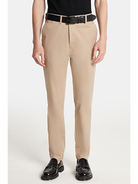 TUDORS Erkek Slim Fit Chino Esnek Yandan Cepli Önü Fermuarlı Pamuklu Dokulu Bej Pantolon - S000519750-19928