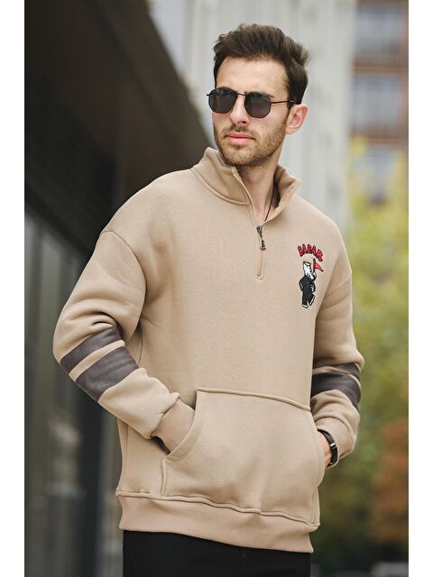 Oksit Babar Üç İplik Şardonlu Nakışlı Fermuarlı Dik Yaka Oversize Erkek Sweatshirt - S000125245-4557
