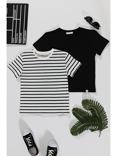 For You Kids 2'li Çizgili Siyah Beyaz Tshirt - S000209809-37424