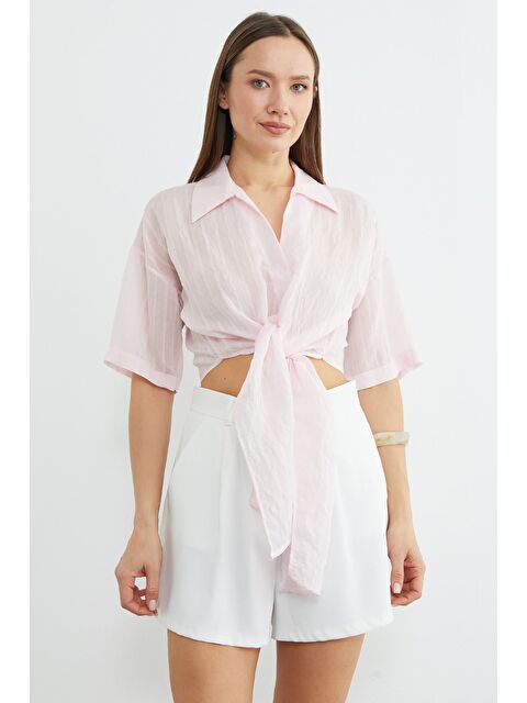 Fullamoda Çizgili Jakarlı Bağlamalı Crop Gömlek - S000511075-20024