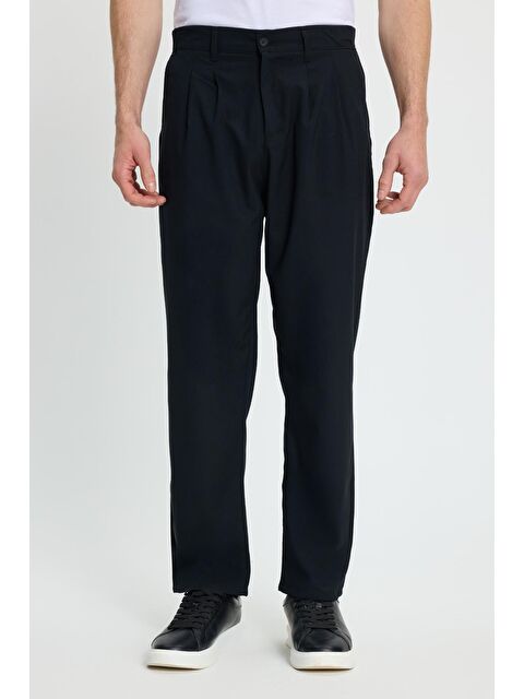 TUDORS Erkek Regular Fit Çift Pileli Beli Lastikli Rahat Kesim Bol Paça Baggy Lacivert Pantolon - S000519752-21164