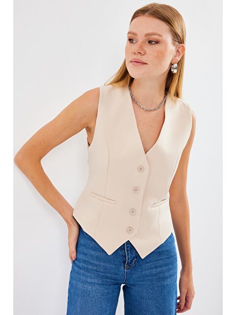 Bigdart 6796 Kısa Dokuma Yelek - Krem - S000210652-19966