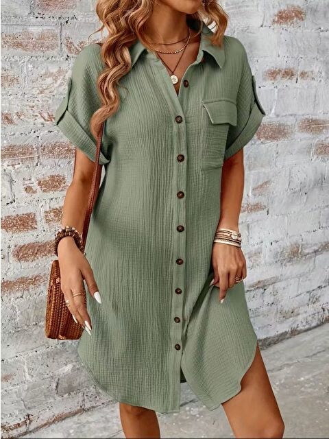 Jane's Kadın Kısa Kollu Yakalı önden Düğmeli Bürümcük Kısa Elbise