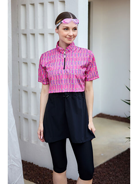 Remsa Mayo Önü Kapaklı Kısa Kollu Yarı Kapalı Tesettür Mayo Siyah03 R5303 - S000517548-37442