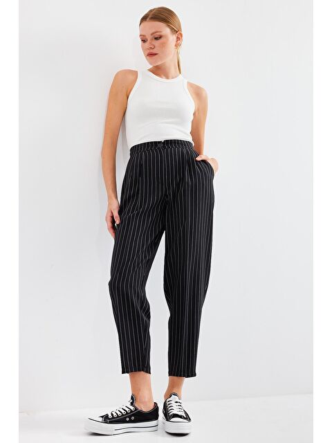 Bigdart 6637 Yüksek Bel Çizgili Kumaş Pantolon - Siyah - S000210653-19351