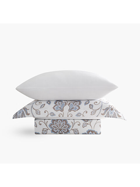 Green Black Verona Zarif Bahçe Battal Boy %100 Ege Pamuğu Nevresim Takımı - Çarşaflı - 4 Yastıklı Krem-Mavi