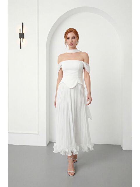 Lafaba Kadın Beyaz Şal Yaka Etek Ucu Volanlı Midi Söz Nişan Nikah Abiye - S000517647-20063