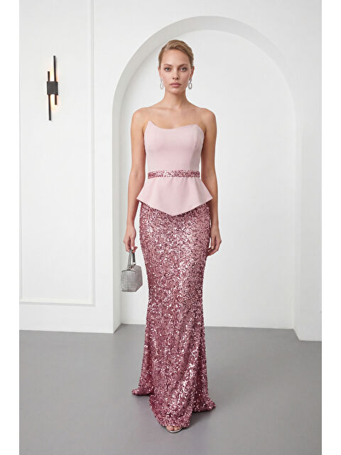 Lafaba Kadın Pudra Dar Kalıp Straplez Yaka Pul Payet Uzun Abiye Elbise