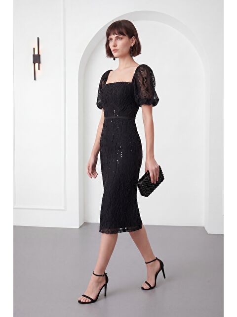 Lafaba Kadın Siyah Kare Yaka Balon Kol Midi Söz Nişan Nikah Abiye Elbise