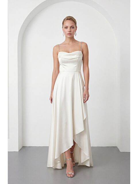 Lafaba Kadın Ekru Taş Askılı Yaka Detay Uzun Saten Mezuniyet & Abiye Elbise