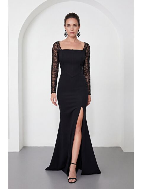 Lafaba Kadın Siyah Kare Yaka Dantelli Uzun Balık Abiye Elbise