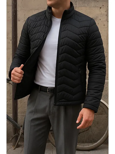 Comstar Erkek Günlük Fermuarlı Kışlık Siyah Şişme Mont