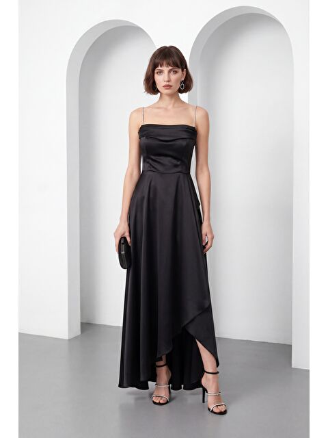 Lafaba Kadın Siyah Taş Askılı Yaka Detay Uzun Saten Mezuniyet & Abiye Elbise