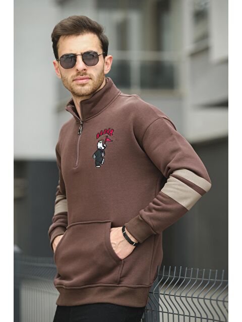 Oksit Babar Üç İplik Şardonlu Nakışlı Fermuarlı Dik Yaka Oversize Erkek Sweatshirt - S000125245-19413
