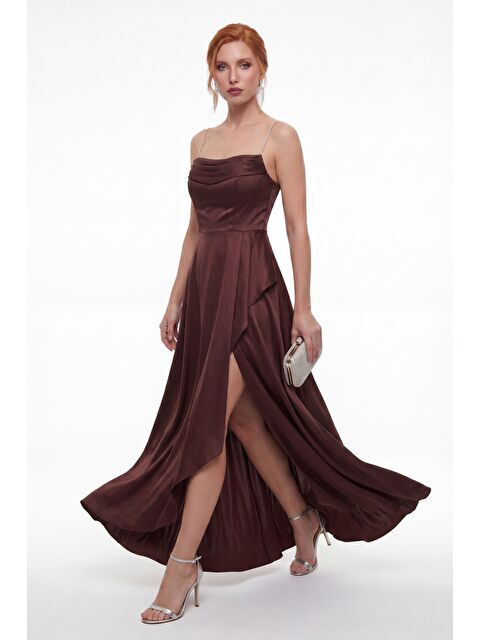 Lafaba Kadın Kahverengi Taş Askılı Yaka Detay Uzun Saten Mezuniyet & Abiye Elbise