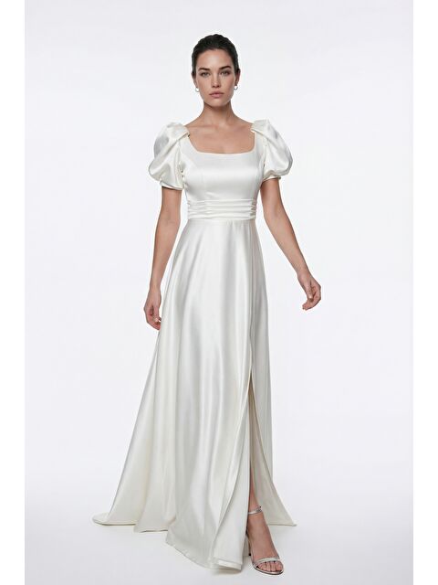 Lafaba Kadın Ekru Kare Yaka Balon Kol Yırtmaçlı Söz Nişan Nikah Abiye Elbise - S000517648-19965