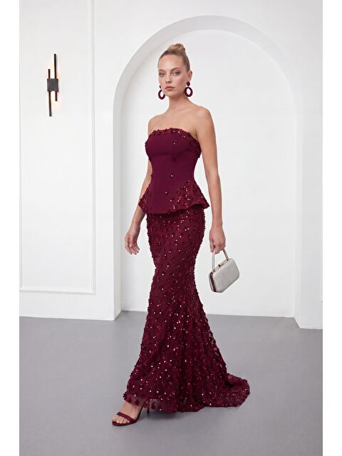 Lafaba Kadın Bordo Dar Kalıp Straplez Yaka Payetli Uzun Abiye Elbise