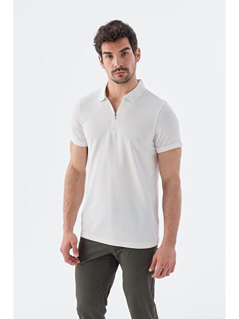 JAKAMEN Ekru Fermuarlı Slim Fit Polo Yaka T-Shirt - S000496958-19965