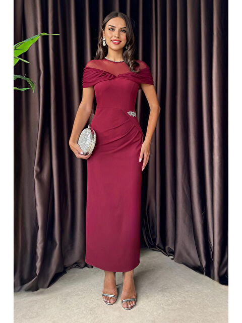 Lafaba Kadın Bordo Taş Yaka Drapeli Midi Davet Elbisesi