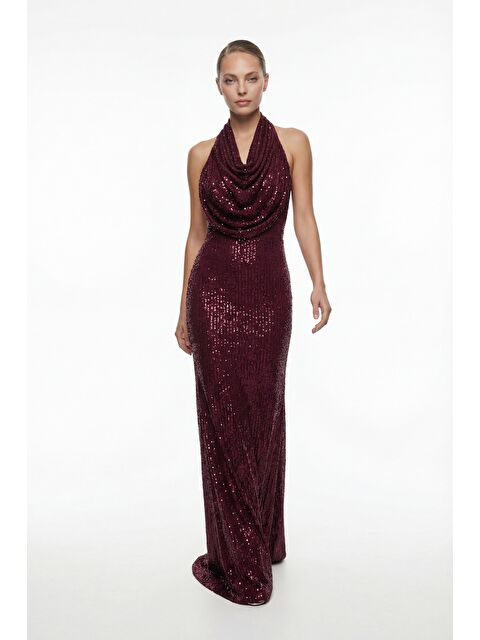 Lafaba Kadın Bordo Dar Kalıp Halter Yaka Uzun Pul Payet Abiye Elbise - S000517653-19951