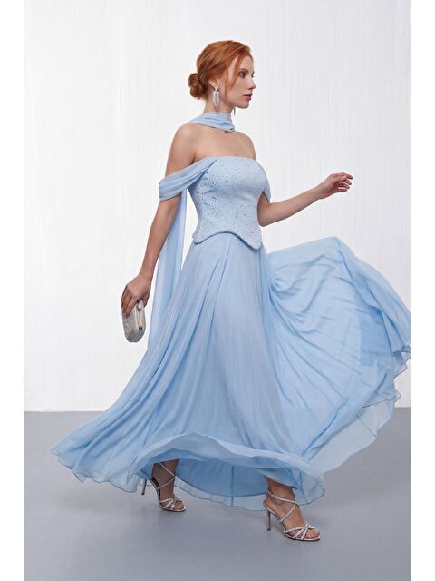 Lafaba Kadın Bebe Mavi Şal Yaka Peplum Detay Uzun Şifon Abiye Elbise