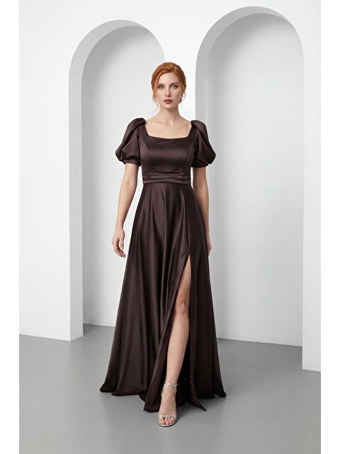 Lafaba Kadın Kahverengi Kare Yaka Balon Kol Yırtmaçlı Söz Nişan Nikah Abiye Elbise - S000517648-19413