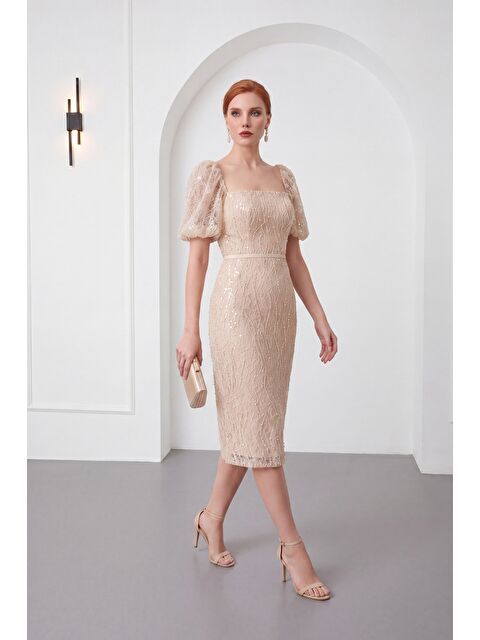 Lafaba Kadın Bej Kare Yaka Balon Kol Midi Söz Nişan Nikah Abiye Elbise