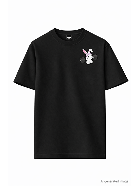 Oksit Gym Bunny - Halter Kaldıran Tavşan Baskılı Unisex Oversize Pamuklu Tişört - S000512554-19351