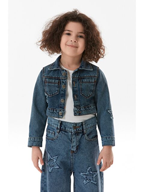 Fullamoda Yıldız Nakışlı Kız Çocuk Crop Jean Ceket - S000380949-17234