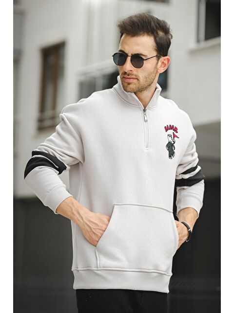 Oksit Babar Üç İplik Şardonlu Nakışlı Fermuarlı Dik Yaka Oversize Erkek Sweatshirt - S000125245-20600