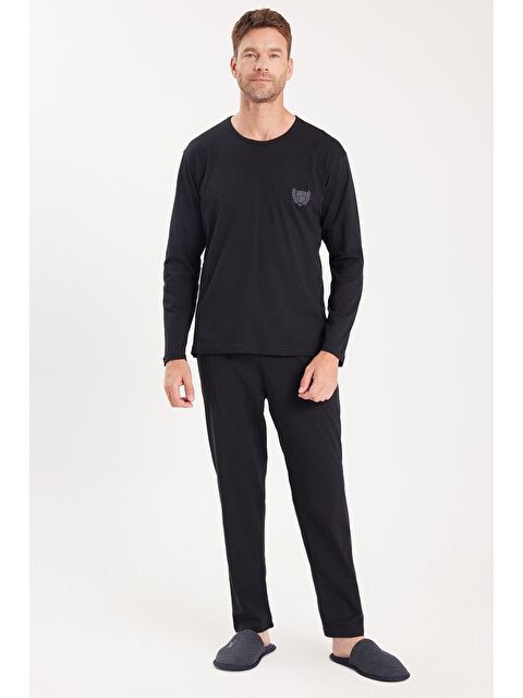 TUDORS Erkek Standart Fit %100 Pamuk Bisiklet Yaka Beli Lastikli Siyah Pijama Takımı - S000522037-19351