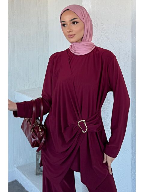 Julude Bel Lastikli Pantolon Gold Tokalı Tunik Tesettür İkili Takım