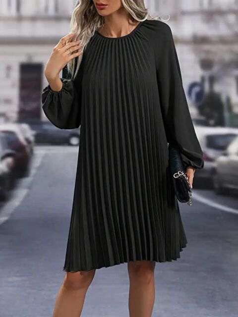 Jane's Kadın Uzun Kollu Yuvarlak Yaka Pileli Salaş Mini Ithal Krep Elbise - S000529213-19351