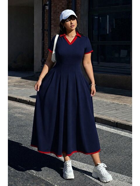 Jane's Kadın Kısa Kollu V Yakalı Pileli Uzun Janjan Krep Elbise