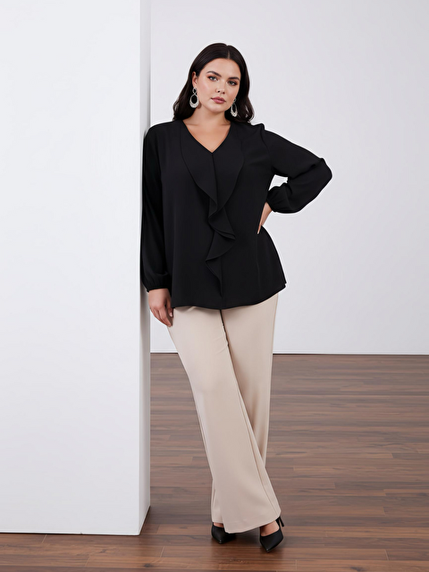 Pera Moda Büyük Beden Önü Fırfırlı Modal Bluz Gömlek