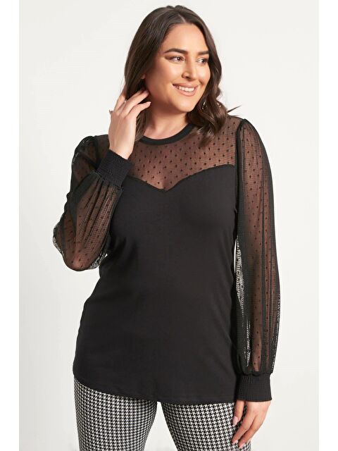 Mylinemoda Kolları Ve Yakası Tül Detaylı Penye Bluz - S000239709-19351