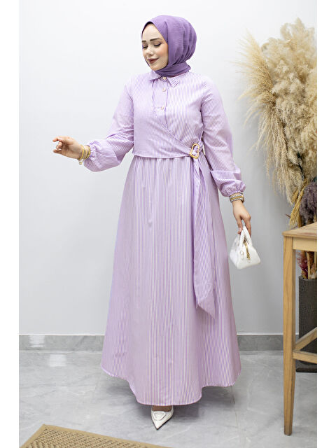 Tesettür Dünyası Çizgili Tokalı Gömlek Elbise TSD260196 Mor