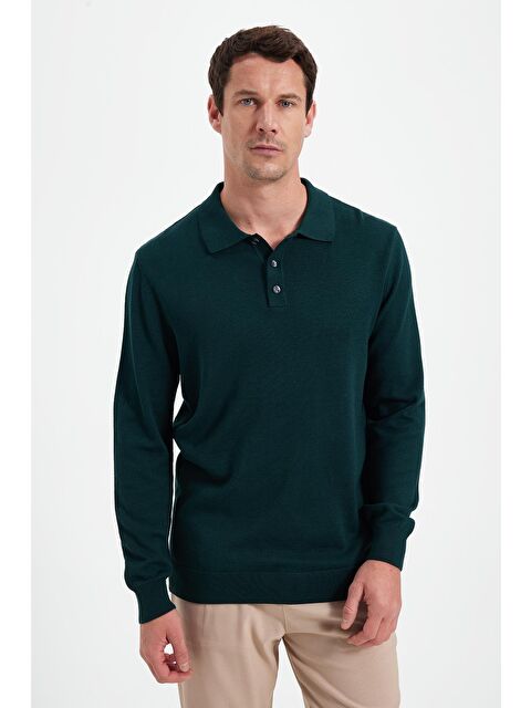 TUDORS Erkek Standart Fit Normal Kesim Pamuklu Polo Yaka Yeşil Kazak - S000519771-18194