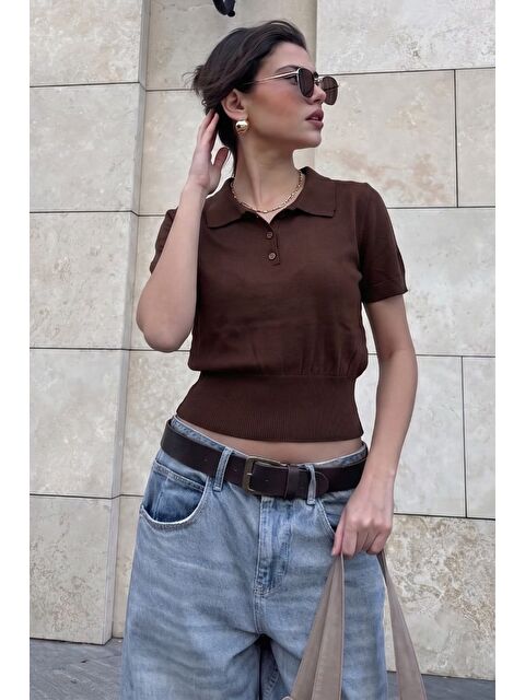 Madmext Kahverengi Slim Fit Polo Yaka Triko Tişört Mg2805