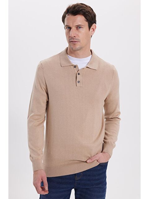 TUDORS Erkek Standart Fit Normal Kesim Pamuklu Polo Yaka Taş Kazak - S000519772-25636