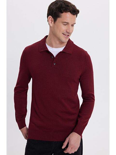 TUDORS Erkek Standart Fit Normal Kesim Pamuklu Polo Yaka Bordo Kazak - S000519773-19951