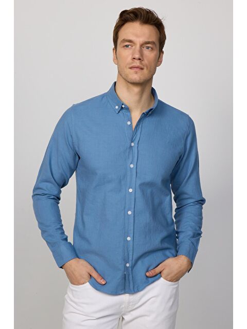 TUDORS Slim Fit Uzun Kollu Biyeli Yaka Düğmeli Keten İndigo Erkek Gömlek