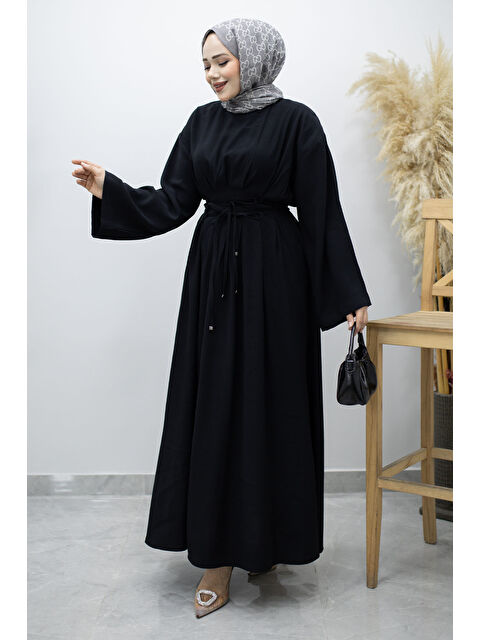 Tesettür Dünyası Çift Bağlamalı Pensli Elbise TSD260185 Siyah