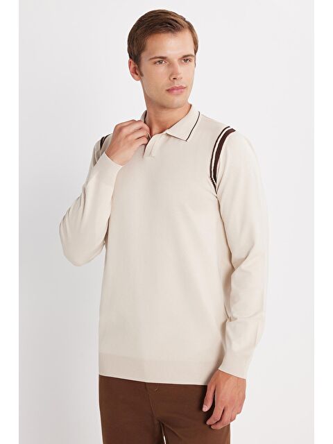 TUDORS Erkek Slim Fit Dar Kesim Uzun Kol Polo Yaka Çizgili Taş Kazak - S000519779-25636